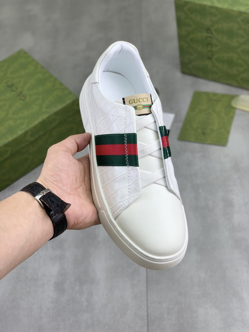 Gucci Web Stripe Slip-On Sneakers - Green-And-Red Striped Vamp Detail